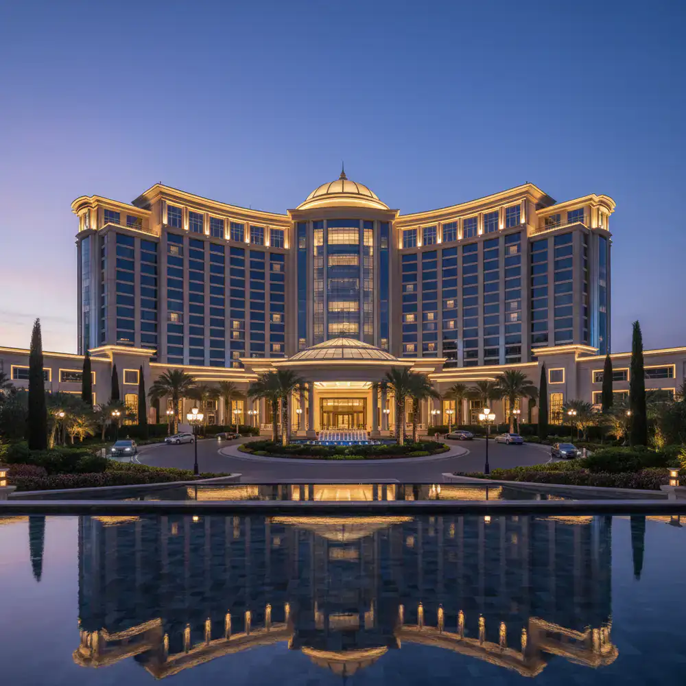 Luxury casino resort exterior illuminated at twilight