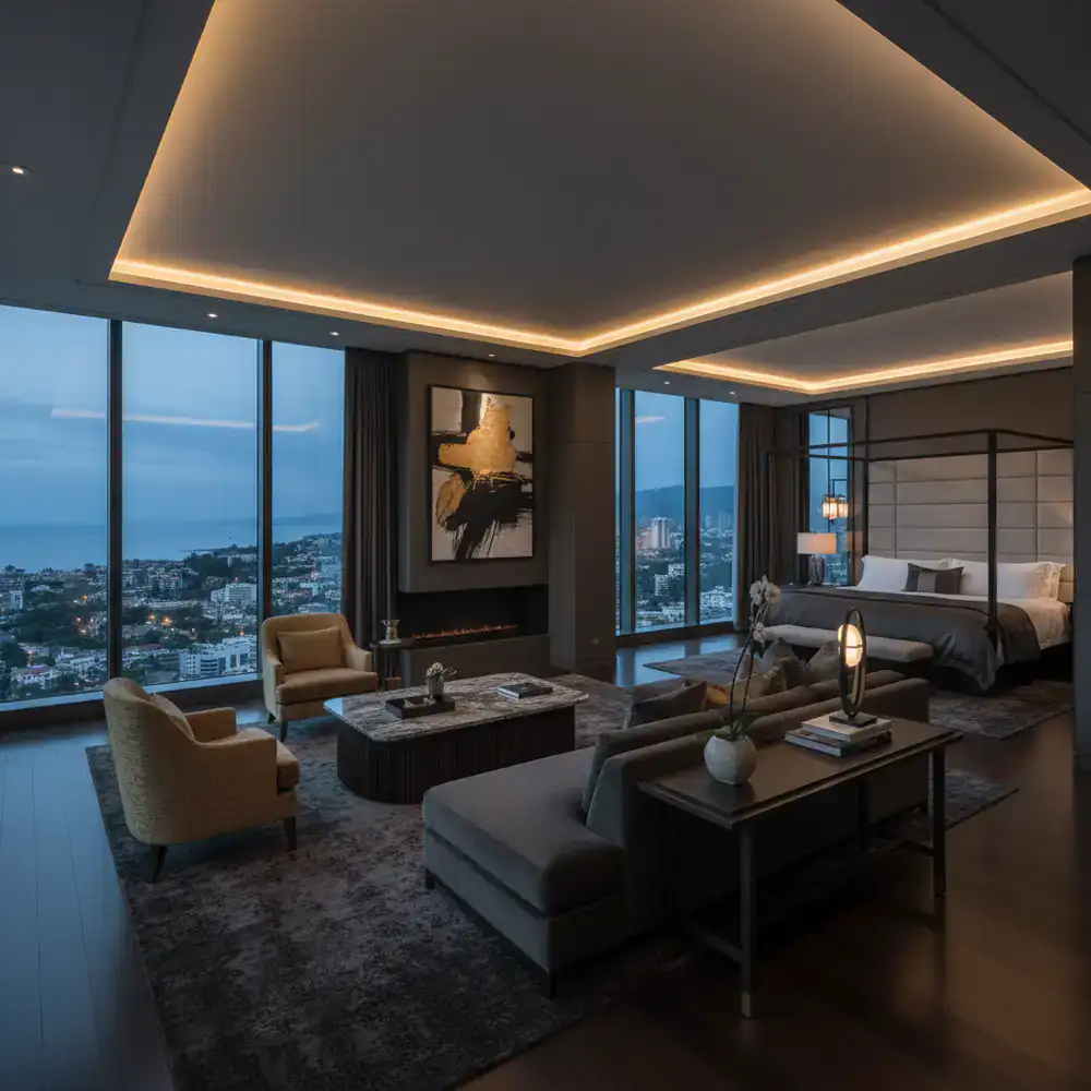 Luxurious resort suite interior with panoramic views